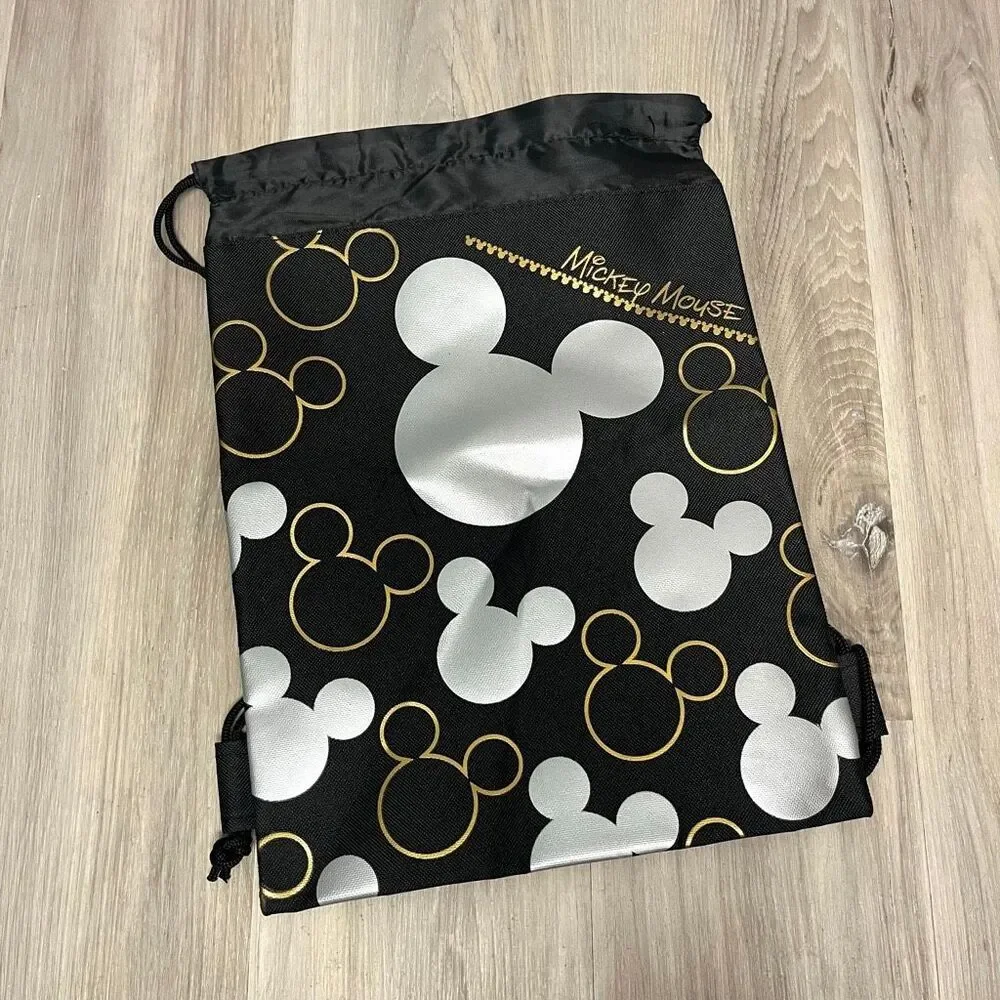 Disney Backpack Kids OS Black/Silver/Gold Mickey Mouse Silhouette Drawstring NWT
